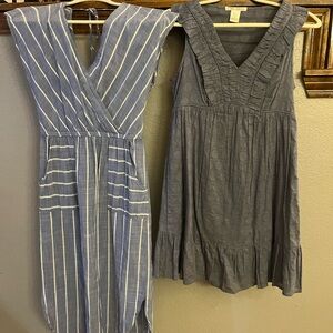 2 blue sleeveless dresses